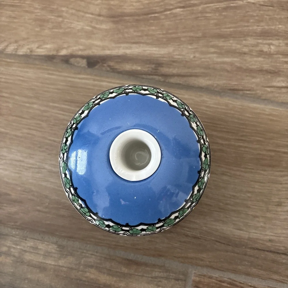 Vintage Art Deco Hand Painted Blue‎ Ceramic Floral Art Flowers and Stars 4